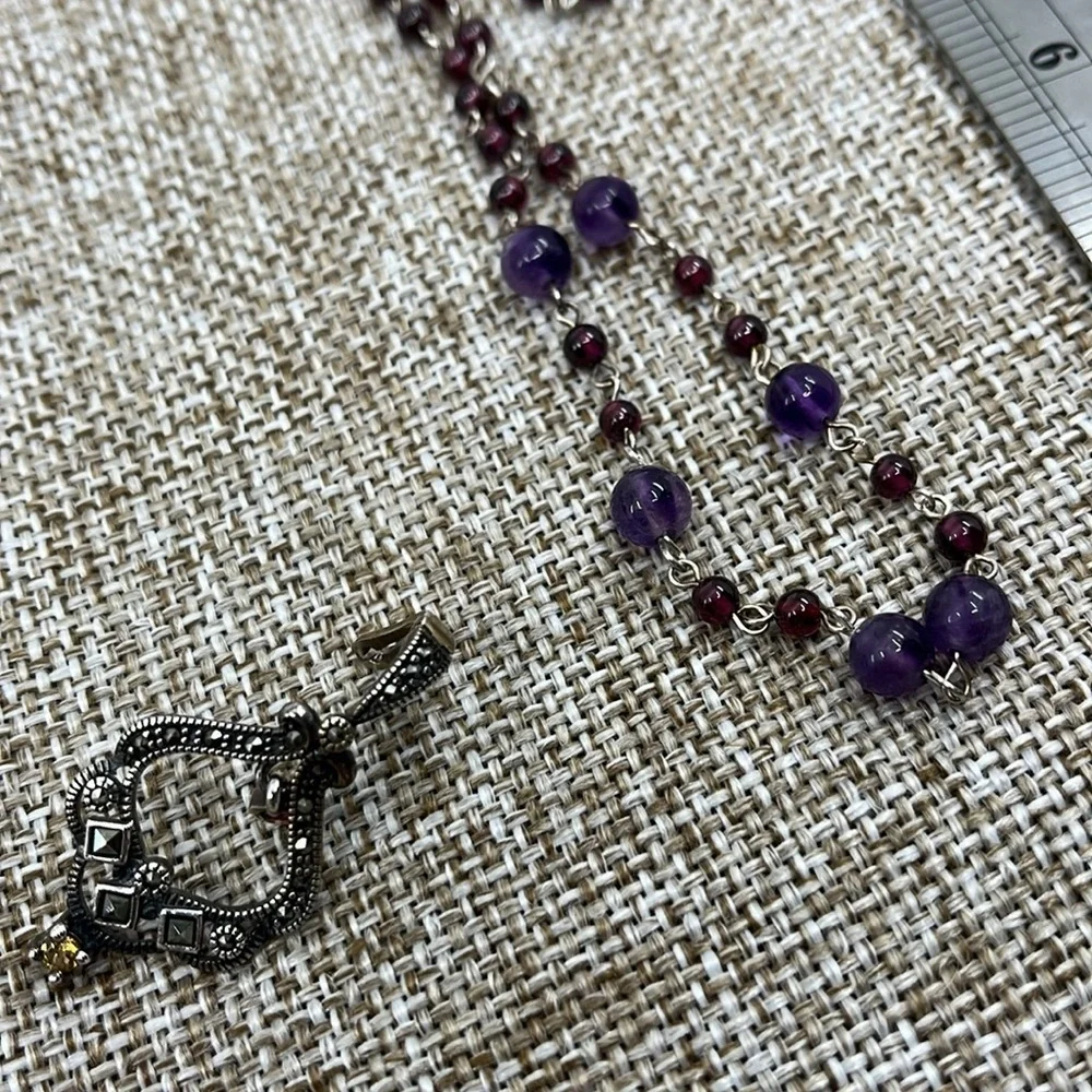 Vintage ✨ Sterling Silver Beaded Adjustable Necklace with Marcasite Pendant 💎 - Picture 12 of 14